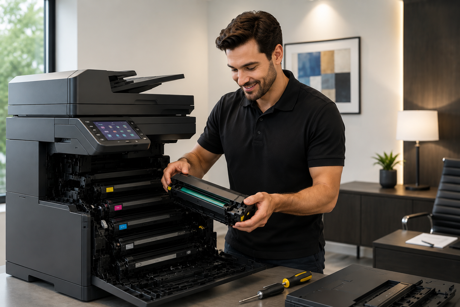 Técnico certificado dando mantenimiento a un equipo multifuncional Ricoh